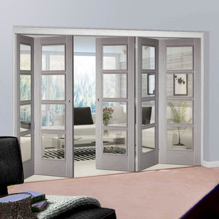 Image: Five Folding Doors & Frame Kit - Vancouver Light Grey 3+2 - Clear Glass - Prefinished