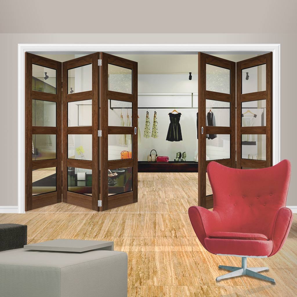 Five Folding Doors & Frame Kit - Coventry Walnut Shaker 3+2 - Clear Glass - Prefinished