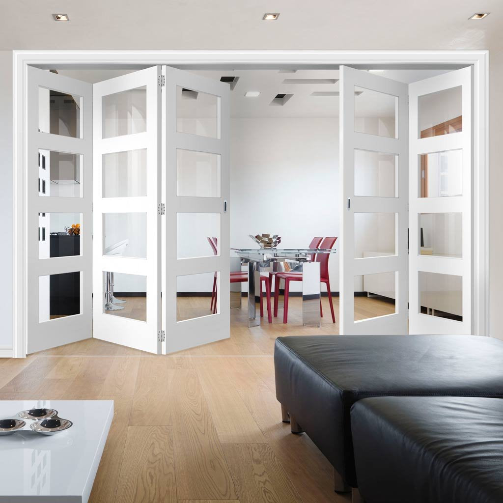 Five Folding Doors & Frame Kit - Coventry Shaker 3+2 - Clear Glass - White Primed