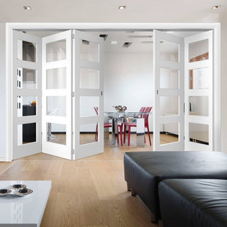 Image: Five Folding Doors & Frame Kit - Coventry Shaker 3+2 - Clear Glass - White Primed