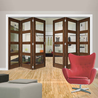 Image: Six Folding Doors & Frame Kit - Coventry Walnut Shaker 3+3 - Clear Glass - Prefinished