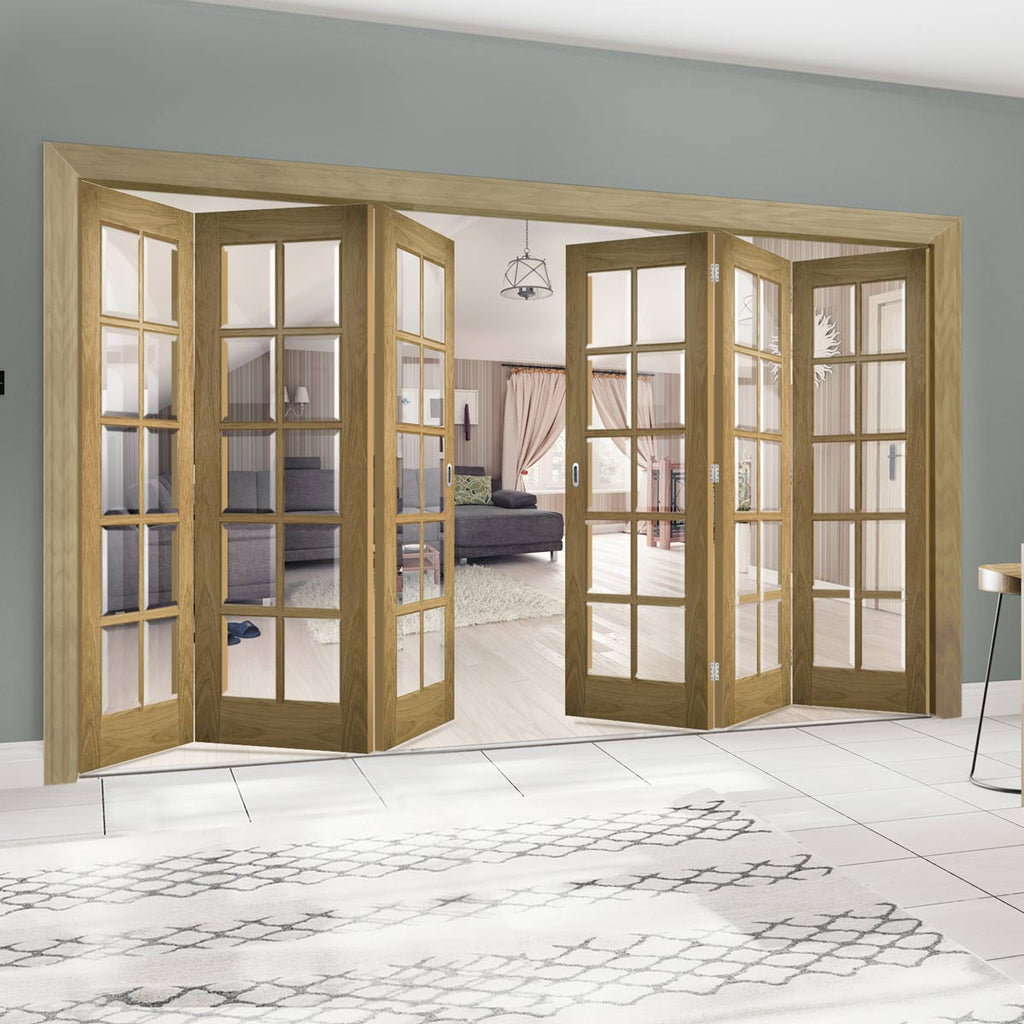 Six Folding Doors & Frame Kit - Bristol Oak 3+3 - 10 Pane Clear Bevell