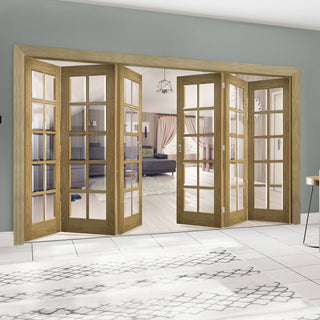 Image: Six Folding Doors & Frame Kit - Bristol Oak 3+3 - 10 Pane Clear Bevelled Glass - Unfinished