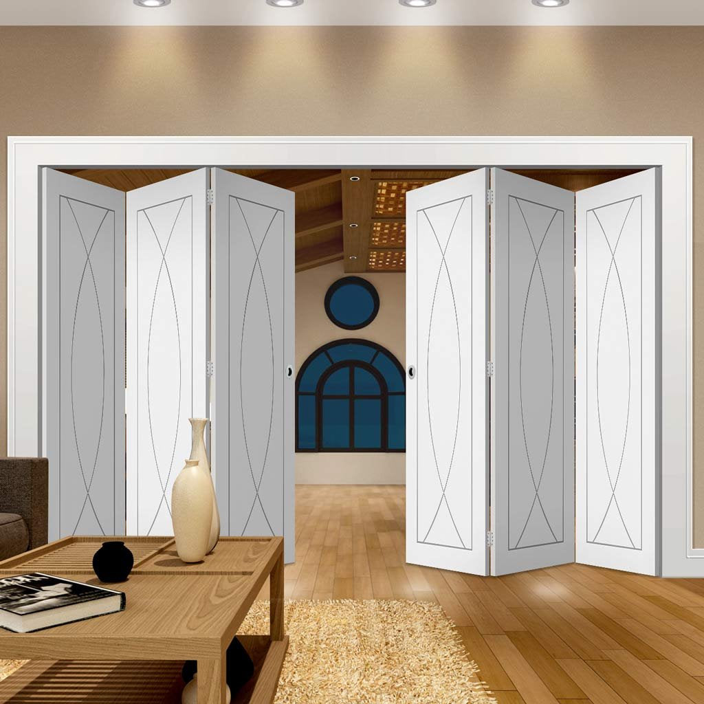 Six Folding Doors & Frame Kit - Pesaro Flush 3+3 - White Primed