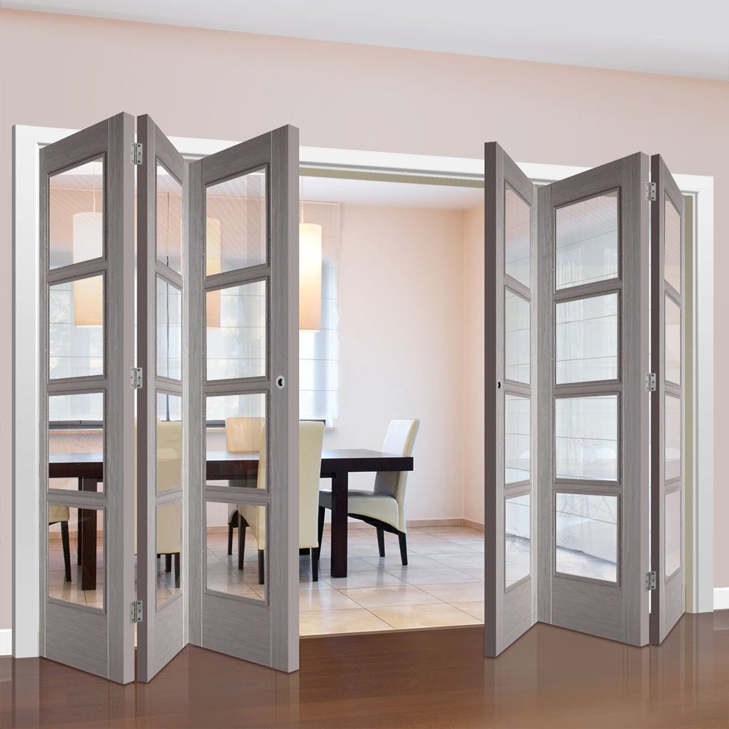 Six Folding Doors & Frame Kit - Vancouver Light Grey 3+3 - Clear Glass - Prefinished