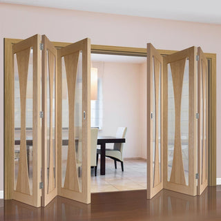 Image: Six Folding Doors & Frame Kit - Verona Oak 3+3 - Clear Glass - Prefinished