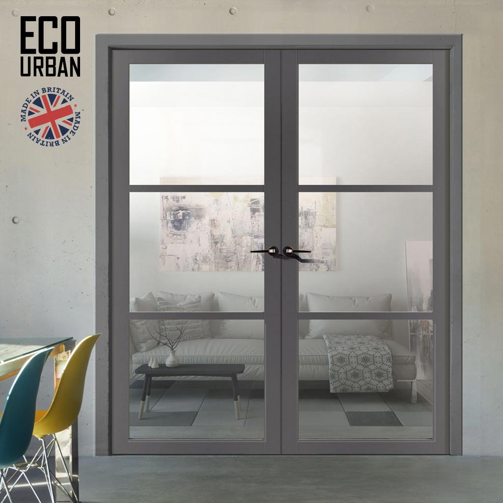 Manchester 3 Pane Solid Wood Internal Door Pair UK Made DD6306G - Clear Glass - Eco-Urban® Stormy Grey Premium Primed