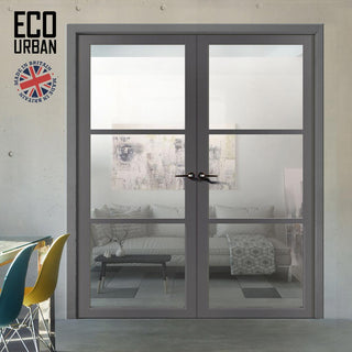 Image: Manchester 3 Pane Solid Wood Internal Door Pair UK Made DD6306G - Clear Glass - Eco-Urban® Stormy Grey Premium Primed