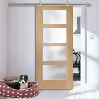 Image: Sirius Tubular Stainless Steel Sliding Track & Shaker Oak Door - Obscure Glass - Unfinished
