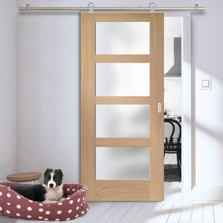 Image: Sirius Tubular Stainless Steel Sliding Track & Shaker Oak 4 Pane Door - Obscure Glass - Prefinished