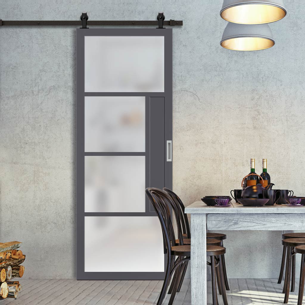 Top Mounted Black Sliding Track & Solid Wood Door - Eco-Urban® Boston 4 Pane Solid Wood Door DD6311SG - Frosted Glass - Stormy Grey Premium Primed
