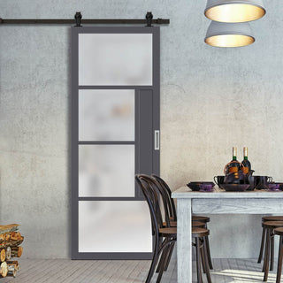 Image: Top Mounted Black Sliding Track & Solid Wood Door - Eco-Urban® Boston 4 Pane Solid Wood Door DD6311SG - Frosted Glass - Stormy Grey Premium Primed