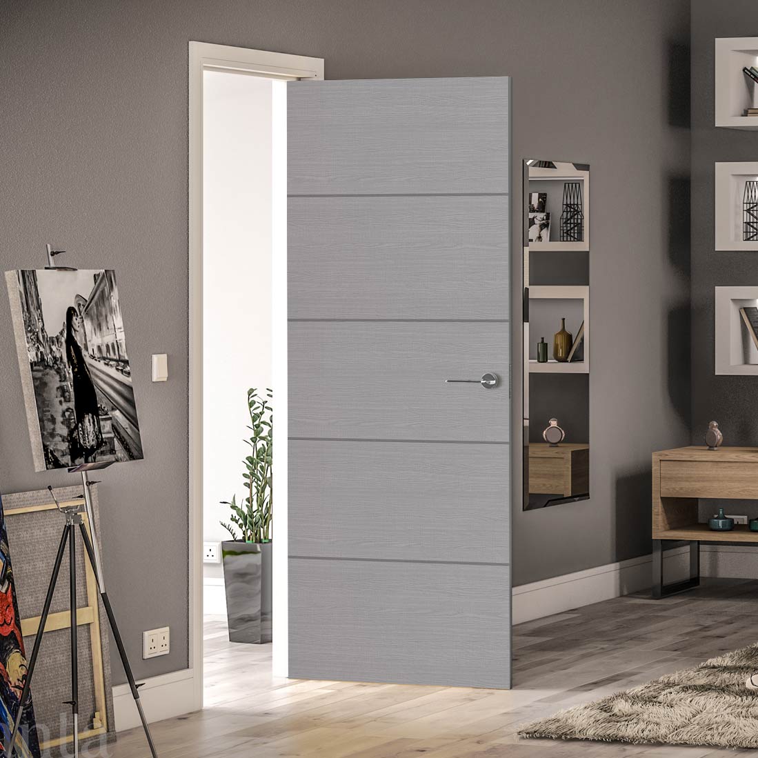 Bespoke Fire Door - Flush Horizontal Grey Inlay - American Light Grey Ash Veneer - 60 Minute Fire Rated - Prefinished