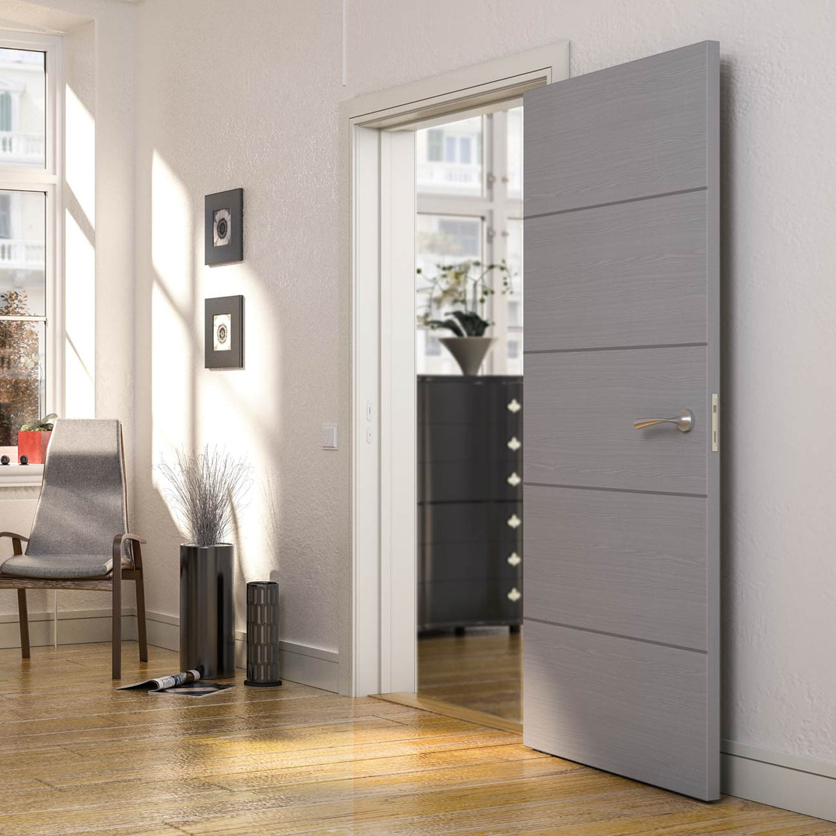 Bespoke Fire Door - Flush Horizontal Grey Inlay - American Light Grey Ash Veneer - 30 Minute Fire Rated - Prefinished