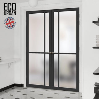 Image: Eco-Urban Marfa 4 Pane Solid Wood Internal Door Pair UK Made DD6313SG - Frosted Glass - Eco-Urban® Shadow Black Premium Primed