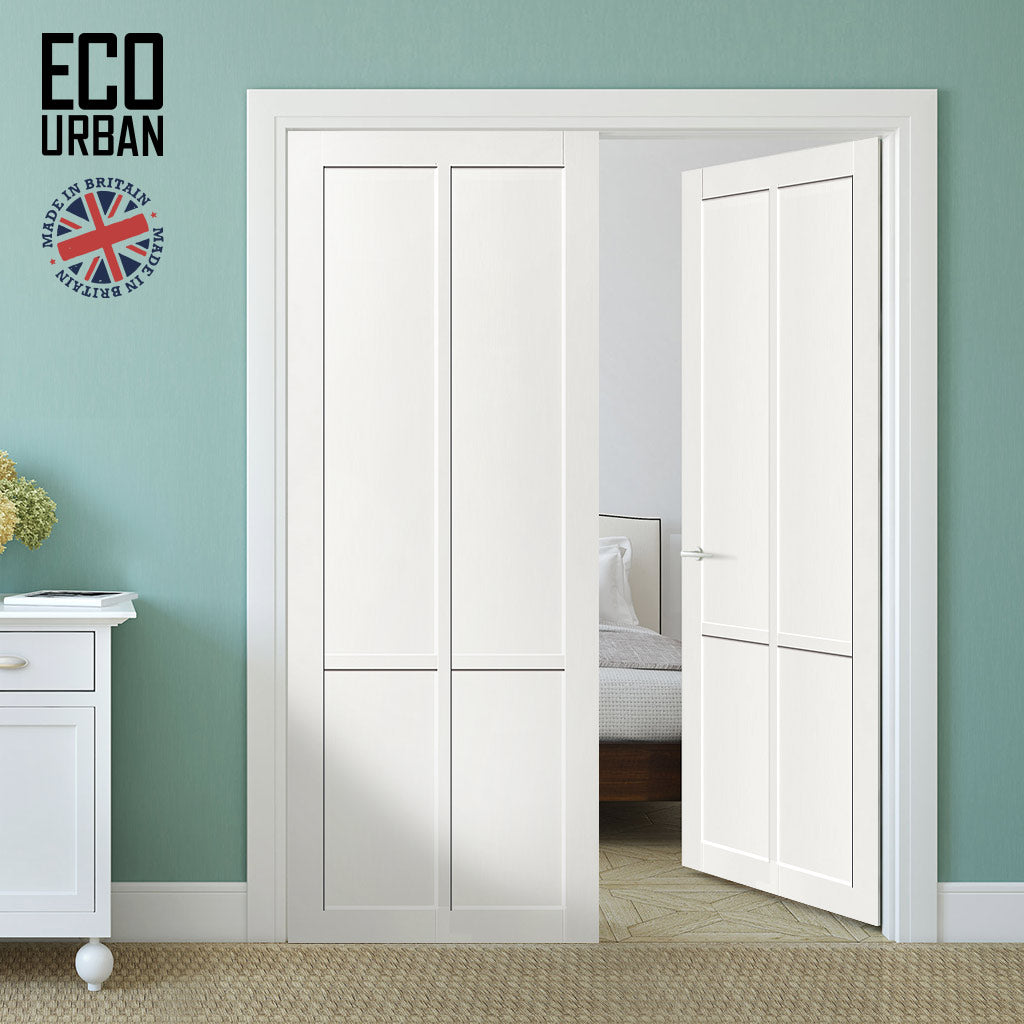 Bronx 4 Panel Solid Wood Internal Door Pair UK Made DD6315  - Eco-Urban® Cloud White Premium Primed