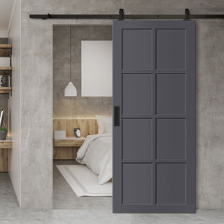 Image: Top Mounted Black Sliding Track & Solid Wood Door - Eco-Urban® Perth 8 Panel Solid Wood Door DD6318 - Stormy Grey Premium Primed