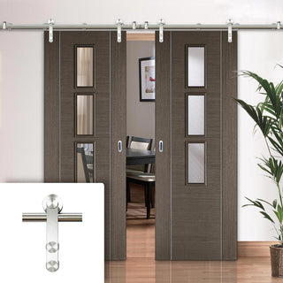 Image: Saturn Tubular Stainless Steel Sliding Track & Alcaraz Chocolate Grey Double Door - Clear Glass - Prefinished