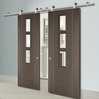 Image: Sirius Tubular Stainless Steel Sliding Track & Alcaraz Chocolate Grey Double Door - Clear Glass - Prefinished
