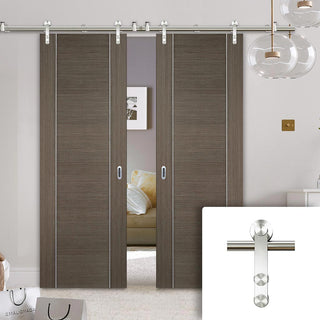 Image: Saturn Tubular Stainless Steel Sliding Track & Alcaraz Chocolate Grey Double Door - Prefinished