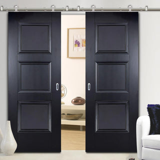 Image: Sirius Tubular Stainless Steel Sliding Track & Amsterdam 3 Panel Black Primed Double Door - Unfinished