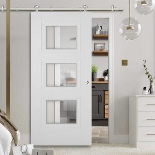 Image: Sirius Tubular Stainless Steel Sliding Track & Amsterdam 3 Panel Door - Clear Glass - Primed