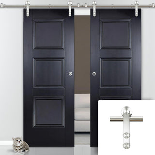 Image: Saturn Tubular Stainless Steel Sliding Track & Amsterdam 3 Panel Black Primed Double Door - Unfinished