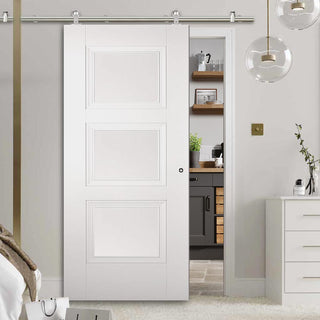 Image: Sirius Tubular Stainless Steel Sliding Track & Amsterdam 3 Panel Door - Primed