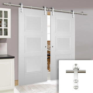 Image: Saturn Tubular Stainless Steel Sliding Track & Amsterdam 3 Panel Double Door - Primed