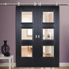 Sirius Tubular Stainless Steel Sliding Track & Amsterdam Black Primed Double Door - Clear Glass - Unfinished