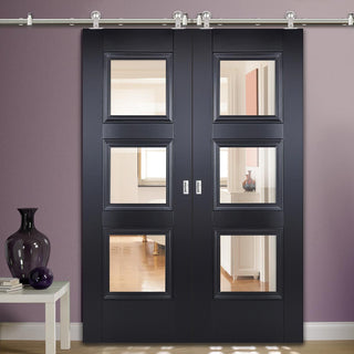 Image: Sirius Tubular Stainless Steel Sliding Track & Amsterdam Black Primed Double Door - Clear Glass - Unfinished