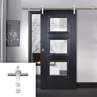 Image: Saturn Tubular Stainless Steel Sliding Track & Amsterdam Black Primed Door - Clear Glass - Unfinished