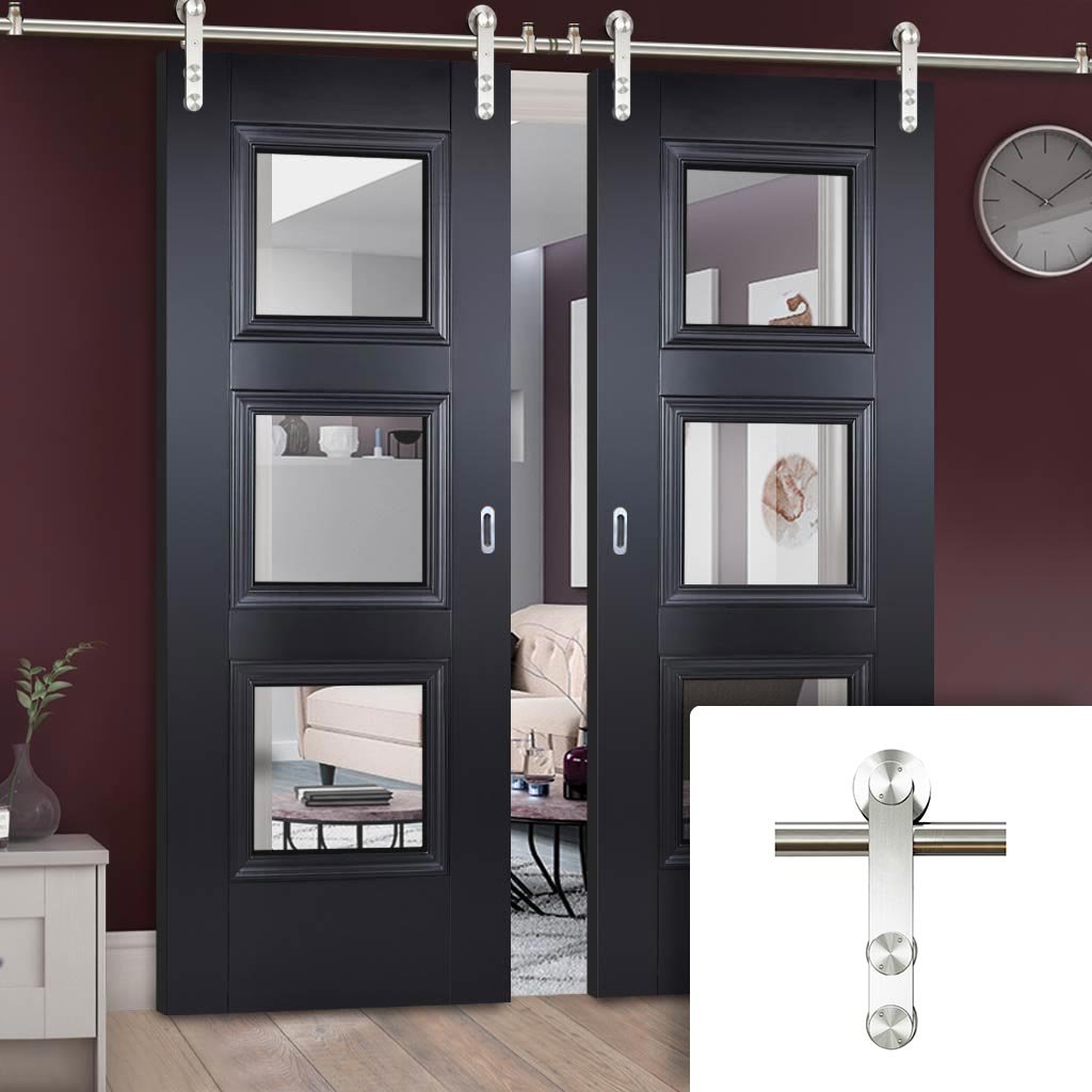 Saturn Tubular Stainless Steel Sliding Track & Amsterdam Black Primed Double Door - Clear Glass - Unfinished