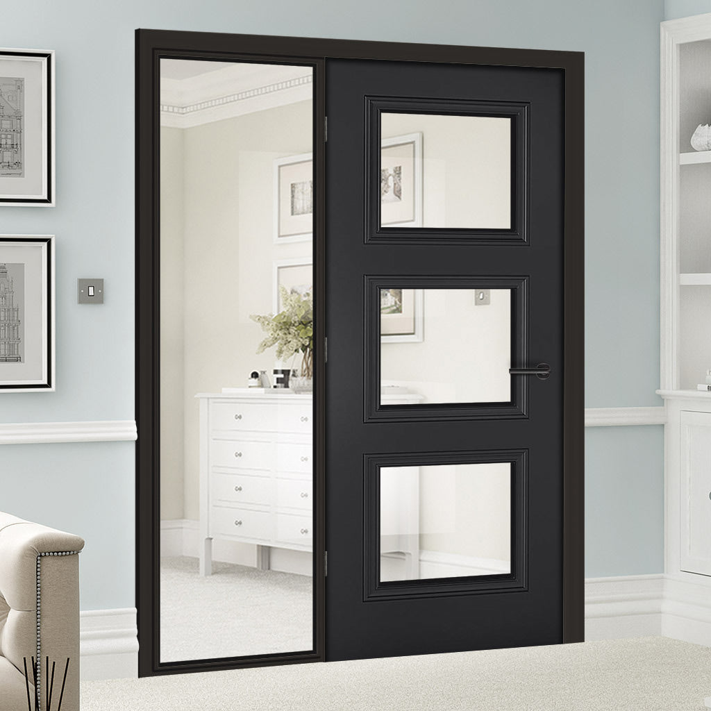 ThruEasi Black Room Divider - Antwerp 3 Pane Primed Clear Glass Unfinished Door with Full Glass Side