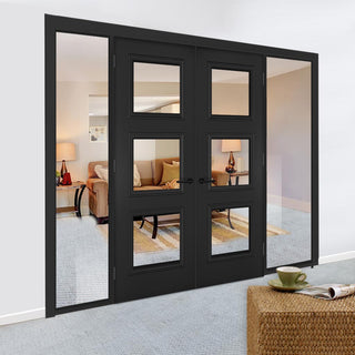 Image: ThruEasi Black Room Divider - Antwerp 3 Pane Primed Clear Glass Unfinished Door Pair with Full Glass Sides