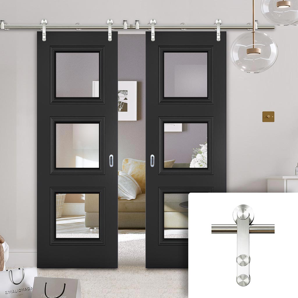 Saturn Tubular Stainless Steel Sliding Track & Antwerp 3 Pane Black Primed Double Door - Clear Glass