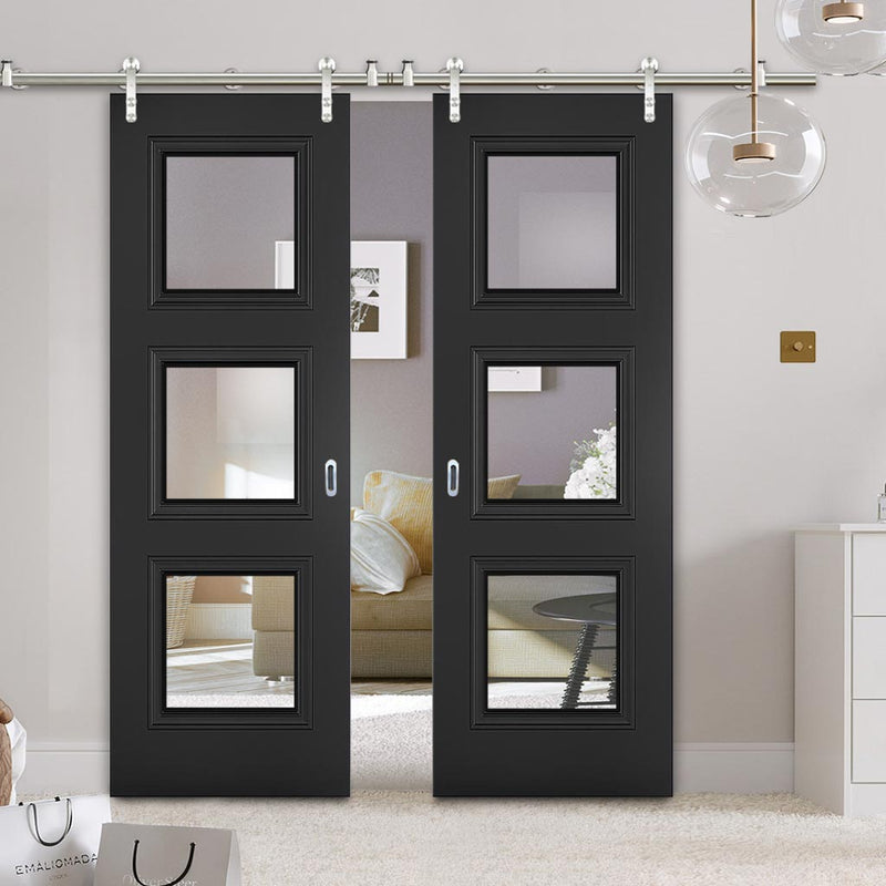 Saturn Tubular Stainless Steel Sliding Track & Antwerp 3 Pane Black Primed Double Door - Clear Glass