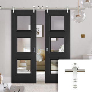 Image: Saturn Tubular Stainless Steel Sliding Track & Antwerp 3 Pane Black Primed Double Door - Clear Glass