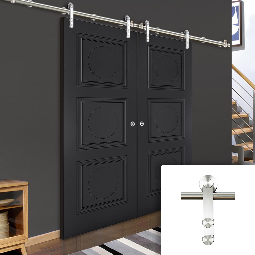 Saturn Tubular Stainless Steel Sliding Track & Antwerp 3 Panel Black Primed Double Door