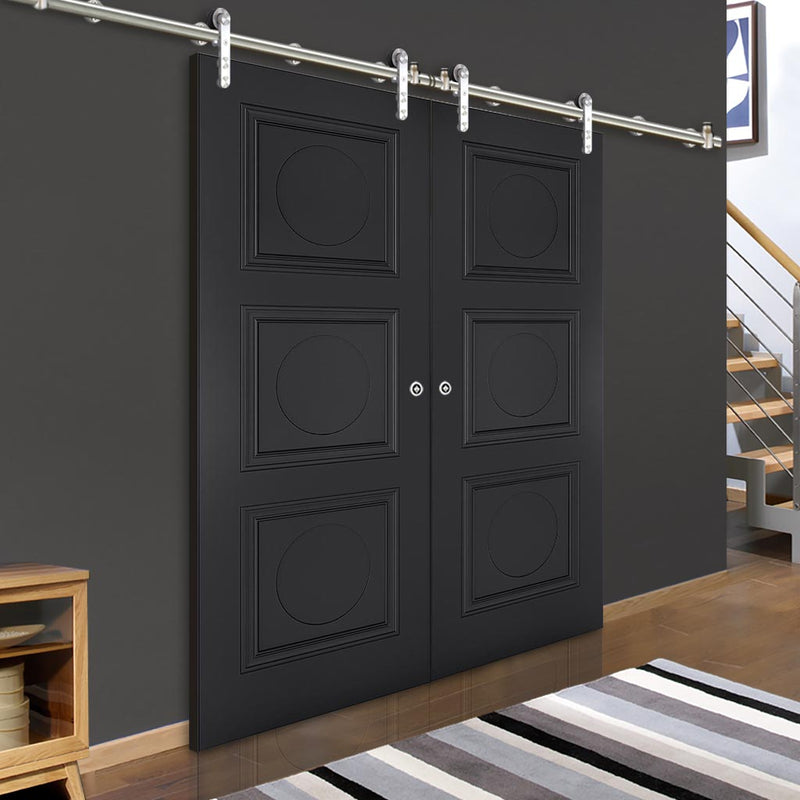 Saturn Tubular Stainless Steel Sliding Track & Antwerp 3 Panel Black Primed Double Door