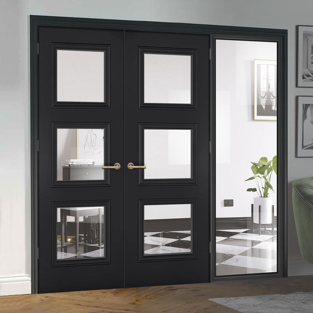 ThruEasi Black Room Divider - Antwerp 3 Pane Primed Clear Glass Unfinished Door Pair with Full Glass Side