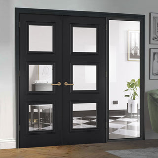 Image: ThruEasi Black Room Divider - Antwerp 3 Pane Primed Clear Glass Unfinished Door Pair with Full Glass Side