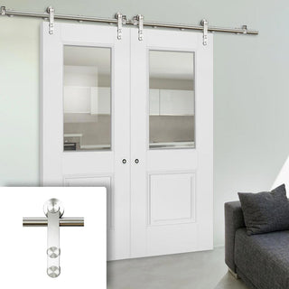 Image: Saturn Tubular Stainless Steel Sliding Track & Arnhem 1 Pane 1 Panel Double Door - Clear Glass - Primed