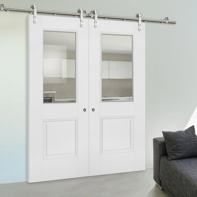 Saturn Tubular Stainless Steel Sliding Track & Arnhem 1 Pane 1 Panel Double Door - Clear Glass - Primed