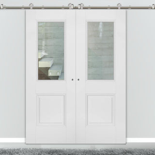 Image: Sirius Tubular Stainless Steel Sliding Track & Arnhem 1 Pane 1 Panel Double Door - Clear Glass - Primed