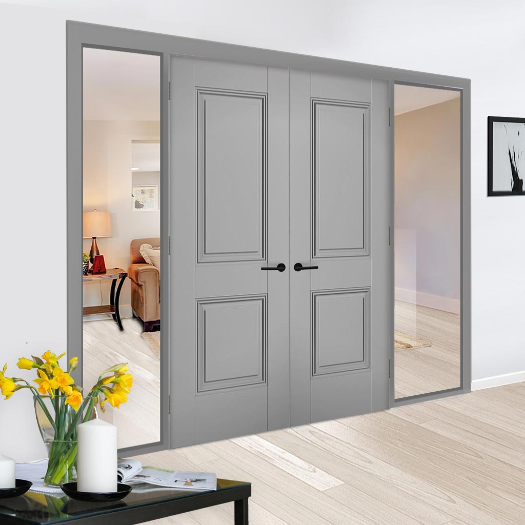 ThruEasi Grey Room Divider - Arnhem 2 Panel Primed Unfinished Door Pair with Full Glass Sides
