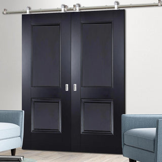 Image: Sirius Tubular Stainless Steel Sliding Track & Arnhem 2 Panel Black Primed Double Door - Unfinished