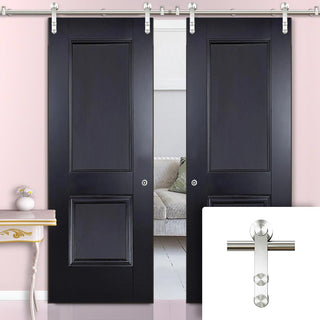 Image: Saturn Tubular Stainless Steel Sliding Track & Arnhem 2 Panel Black Primed Double Door - Unfinished