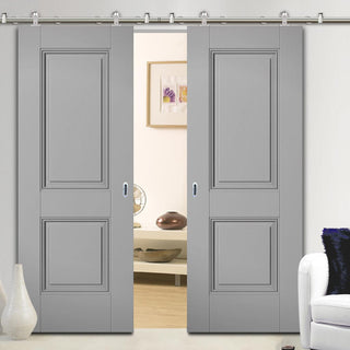 Image: Sirius Tubular Stainless Steel Sliding Track & Arnhem 2 Panel Grey Primed Double Door - Unfinished