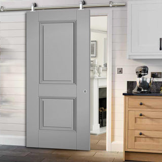 Image: Sirius Tubular Stainless Steel Sliding Track & Arnhem 2 Panel Grey Primed Door - Unfinished